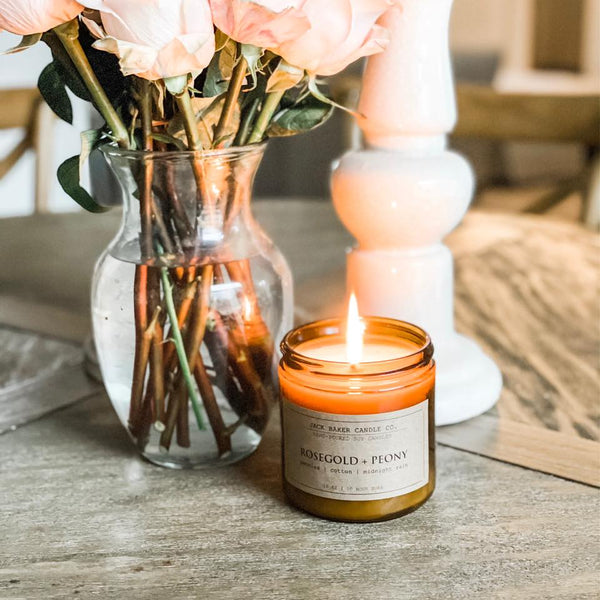 signature amber glass candle | rosegold + peony