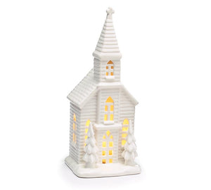 11" ceramic light up church | white
