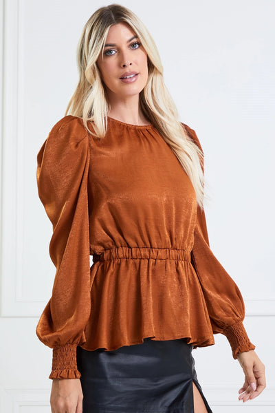 something to see peplum top | camel