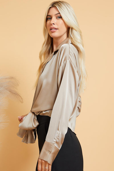 stunning twist tie front button up | taupe