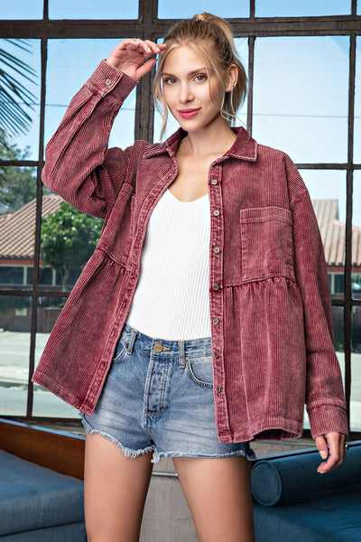 heart in hand corduroy shacket | wine