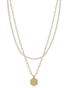 double layer chain + crystal hexagon necklace | gold