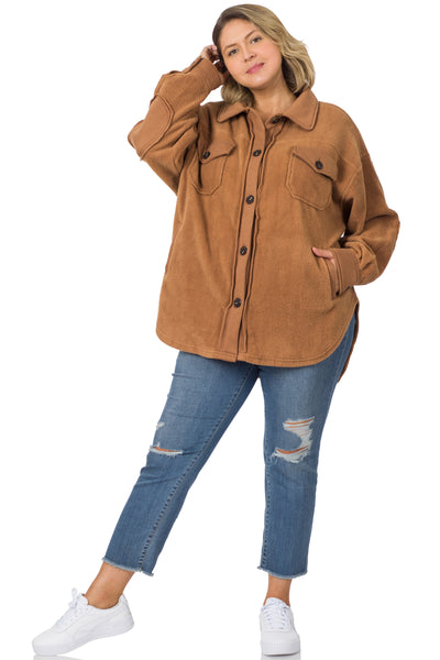 the lucky one plus size fleece shacket | deep camel