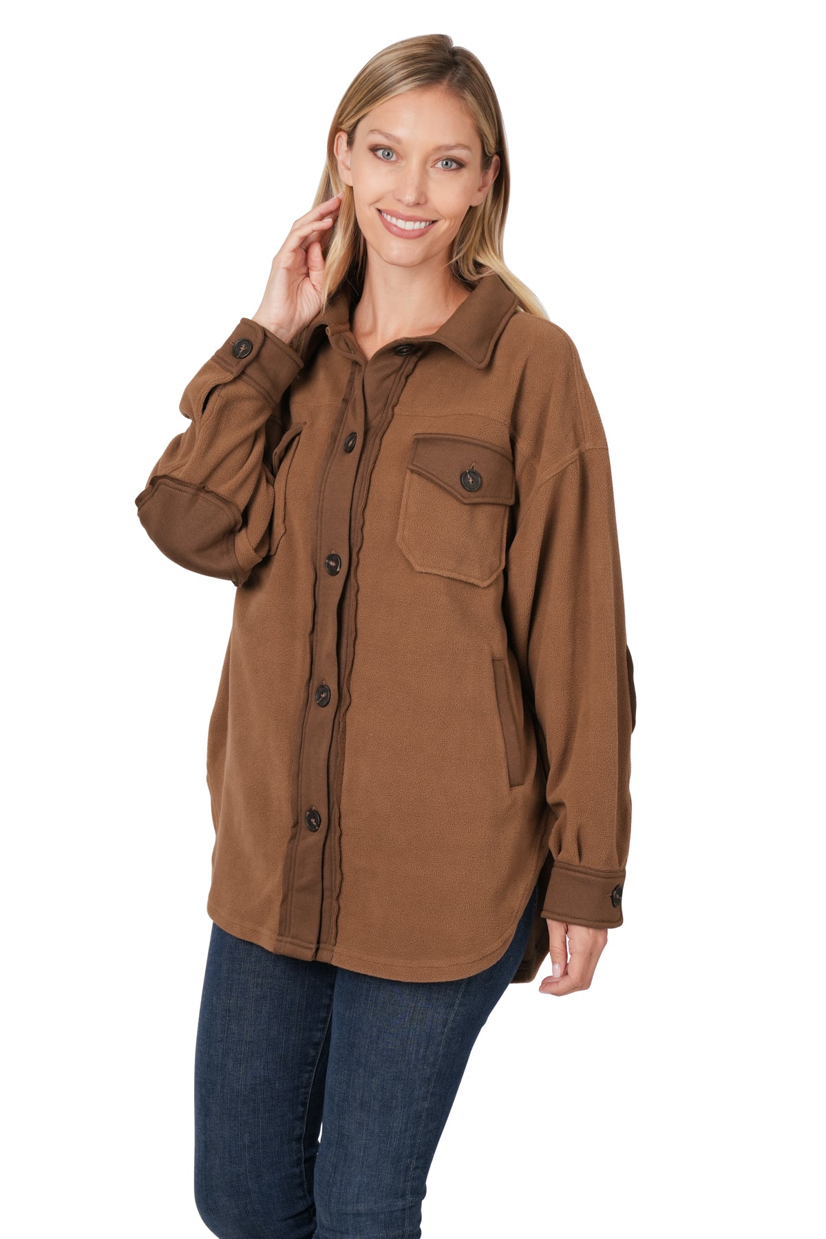 all you could want fleece shacket | deep camel