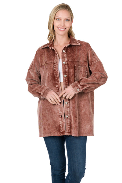 around the fire washed corduroy shacket | dark rust