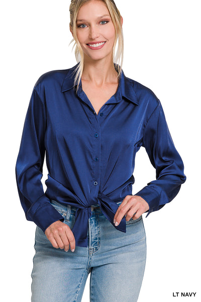 low profile satin button up | navy