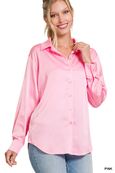 low profile satin button up | pink