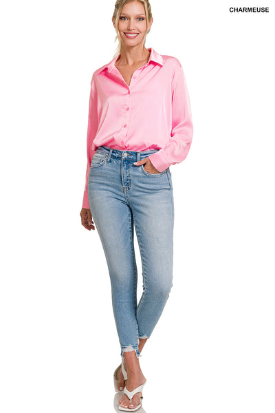 low profile satin button up | pink