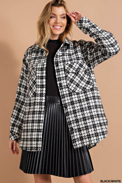 put on a show tweed shacket | black + white