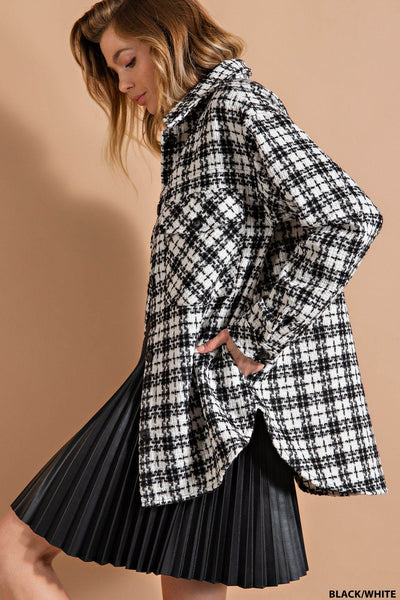 put on a show tweed shacket | black + white
