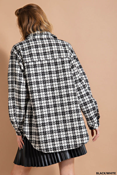 put on a show tweed shacket | black + white