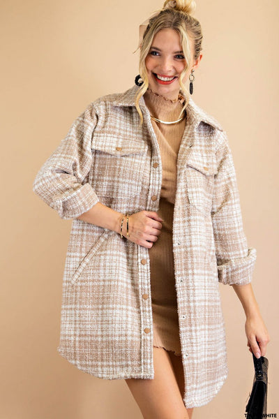 own the world plaid shacket | taupe + white