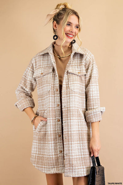 own the world plaid shacket | taupe + white