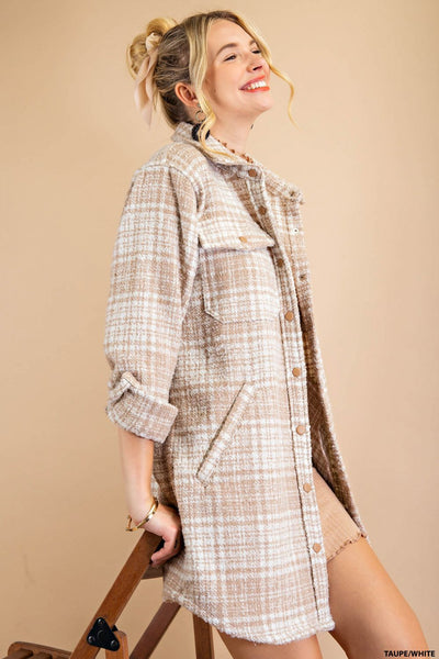own the world plaid shacket | taupe + white