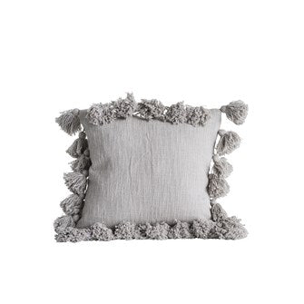 18" square cotton pillow + tassels | grey