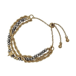 grey crystal + star drawstring bracelet | gold