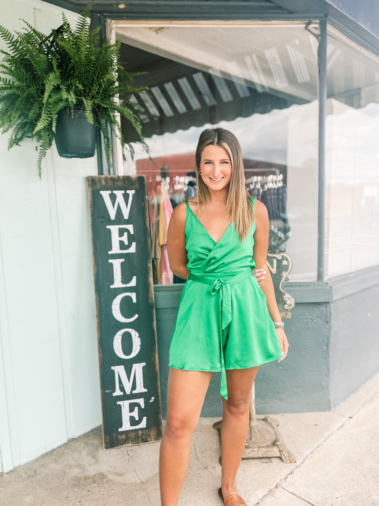 confident choice v-neck romper | kelly green Me & Maude confident choice v-neck romper | kelly green Me & Maude
