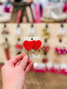 beaded earrings | red heart + gold metal